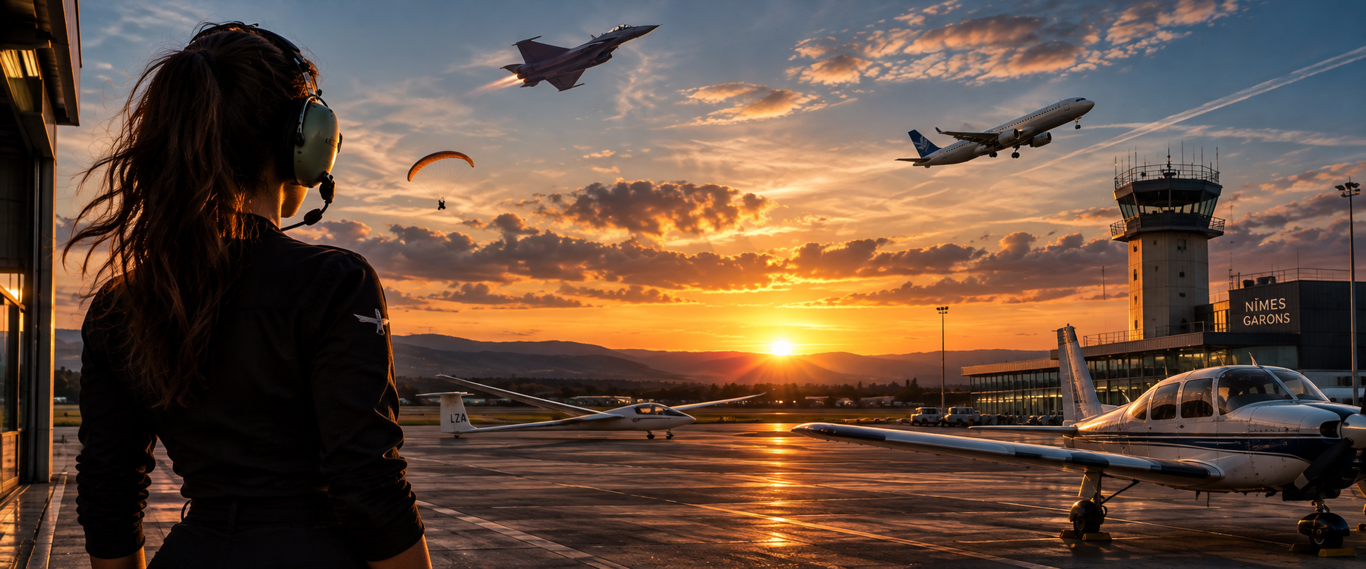 Univers de l’aviation au coucher du soleil sur l’aéroport de Nîmes-Garons
